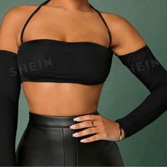 Size Medium. Never Worn . Long Sleeve Tube Top, Backless Tee, Tube Top Black, Tops Shein, Cap Sleeve Shirt, Belt Top, Drop Shoulder Tee, Off Shoulder Crop Top, Cropped Tube Top