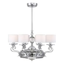 a chandelier with four lights and white shades on the bottom half of it