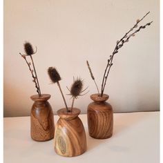 three wooden vases with dried flowers in them