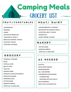 the camping meal list is shown in green and blue