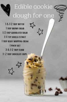 Edible chocolate chip cookie dough for one Cookie Dough For One, Edible Chocolate Chip Cookie Dough, Homemade Cookbook, Baking Recipes Desserts, Edible Cookie Dough, Quick Recipes Snacks, Fun Baking, Easy Baking Recipes Desserts, Easy Snack Recipes