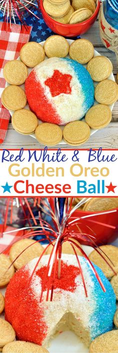 red, white and blue cheese ball cake on a plate with crackers in the background