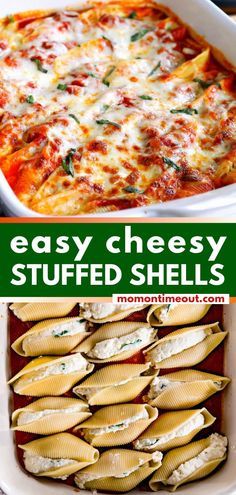 stuffed shells in a casserole dish with text overlay that reads stuffed shells