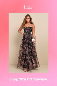 You'll feel more than inclined to dance the night away in the Lulus Exclusive Glamour Black Floral Organza Tiered Maxi Dress! This gorgeous dress has a gauzy woven organza composition (with a romantic floral print and subtle sheen throughout) that shapes adjustable spaghetti straps that support a lovely sweetheart neckline and a princess-seamed bodice with supportive boning at the back. The high, fitted waist tops a tiered, A-line skirt that cascades down to a sweeping maxi hem. Hidden back zipper/clasp. Fit: This garment fits true to size. Length: Floor length. Size medium measures 54" from adjustable straps to hem. Bust: Great for any cup size. Waist: Fitted - very fitted at natural waist. Hip: Not Fitted - room for hips. Undergarments: May be worn with a strapless bra, adhesive bra, pet Organza Dress With Floral Print For Evening, Floral Print Organza Prom Dress, Floral Print Organza Dresses For Prom, Organza Floral Print Prom Dresses, Organza Prom Dress With Floral Print, Evening Organza Maxi Dress With Floral Print, Formal Floral Print Organza Dress, Formal Floral Organza Dress, Floral Ruffled Dress For Evening