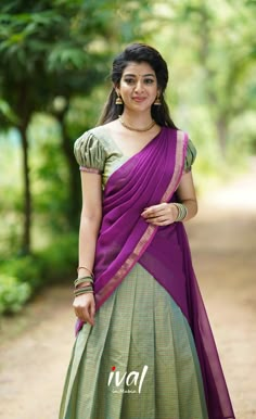 Half Saree Function Poses, Set Pavada And Blouse, Purple Pattu Saree, Pattu Pavada Women, Half Saree Poses, Traditional Half Saree Designs, Half Saree Set, Indian Dresses For Girls, Traditional Half Saree