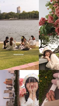 people sitting on the grass near water and trees with flowers in their hair, one woman is holding her hands up to her face