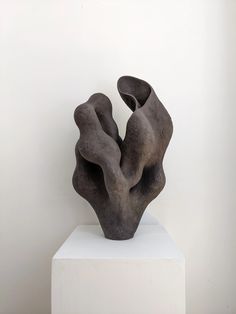 an abstract sculpture is displayed on a white pedestal