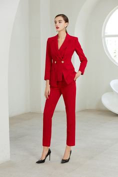 Red Three Button Layer Pantsuit Peak lapels; front button blazer V-Neck, Long sleeves; button cuffs. Structured shoulders. Chest welt pockets. Hip flap pockets Polyester 100% lining Imported Brand - Aision Model Number - 203180C1 Luxury Red Suits For Business Casual, Evening Pant Suits Red, Luxury Red Blazer For Semi-formal Occasions, Luxury Red Fitted Unstitched Suit, Power Suits For Women Classy Red, Luxury Red Three-piece Business Suit, Luxury Red Women's Suits, Luxury Red Double Breasted Suit For Work, Luxury Red Pantsuit For Office