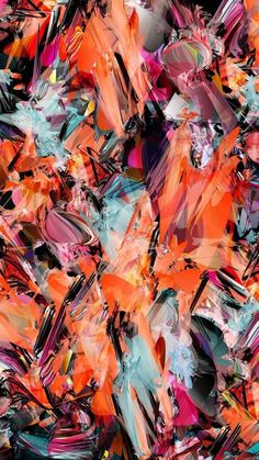 an abstract painting made up of many different colors and shapes, including oranges, pinks