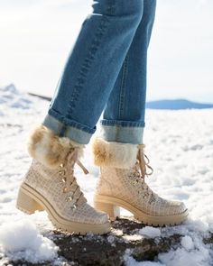 Brave the cold in style with the Croco Fur Lace Up Bootie, featuring a luxurious fur lining and exotic crocodile pattern. Its lace-up design and lug sole add functionality, making it a go-to for all your winter adventures. | Lauren Lorraine - Neutral - Croco Fur Lace Up Bootie - 6.0 Denim Jean Dress, Cozy Tops, Basic Sweaters, Sweater Layering, Shoes For Leggings, Embellished Denim, Travel Dress, Crocodile Pattern, Boston Proper