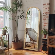 a large mirror sitting on top of a wooden floor next to a potted plant