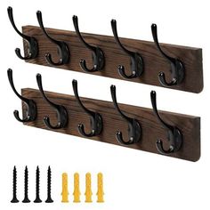 a coat rack with hooks and screws attached to the top of each hanger