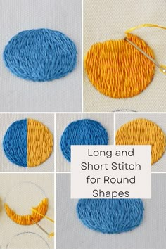 four pictures showing how to make a round stitched ornament with the words, long and short stitch for round shapes