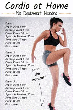 a woman is doing cardio at home with her legs spread out and the text below reads cardio at home no equipment needed