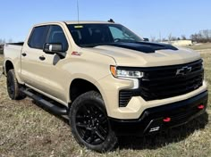 a white truck parked in the grass