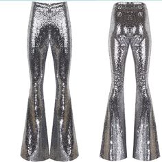 FULLY SEQUINED FABRIC : Shine brighter than ever before and turn heads with bold, sparkly designs with a pair of Studio 54 Fashion Women's Sequined Flare Pants Leggings and shine a light on how good you look! SPANDEX LINING STRETCH : Our Women's Sequin Flare Pants are lined with a comfy, spandex fabric to make the holiday parties comfortable. Outer layer mesh is covered with tiny sequins in orderly vertical stripes. Inside soft stretch lining prevents sequins from rubbing/scratching your legs an Sequin Bell Bottoms, Studio 54 Fashion, High Waisted Bell Bottoms, Velvet Bell Bottoms, Sequin Flare Pants, Pants Bell Bottoms, Golden Lace, Flare Legging, 70s Outfits