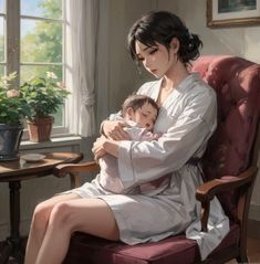 a woman sitting in a chair holding a baby