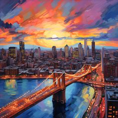 an oil painting of a cityscape with a bridge in the foreground at sunset