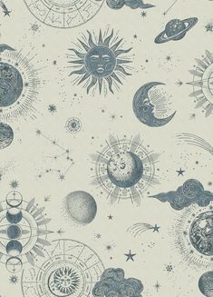 a wallpaper with planets and stars in blue on a light gray background, including the sun