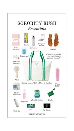 the contents of a tote bag are labeled in green and white, along with other items