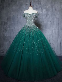 Gorgeous Off Shoulder Beaded Green Tulle Long Prom Dresses, Beaded Green Formal Evening Dresses, Beaded Ball Gown Gown Green, Burgundy Evening Dress, Sweet 16 Dress, Blue Ball Gowns, Green Tulle, Beaded Ball, Chique Outfits, Long Prom Gowns, 16 Dress