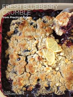 fresh blueberry crumble from practical palo recipe in a casserole dish with spoon