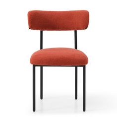 an orange chair with black legs and a red seat cushion on the back, against a white background