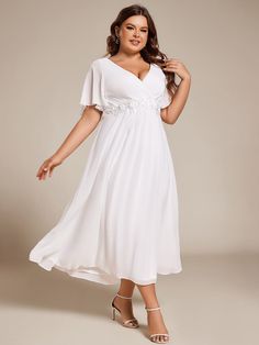 Plus Size Elegant Short Sleeves V-Neck Floral Applique Wedding Guest Dress  #color_White Wedding Guest Dress Summer Casual, Beach Wedding Guest Dress Summer, Plus Size Wedding Guest Dress, Midi Wedding Guest Dress, Dress Summer Casual, Plus Size Wedding Guest, Beach Wedding Guest, Elegant Wedding Guest Dress, Beach Wedding Guest Dress