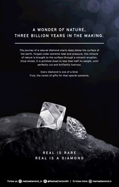 two diamonds on top of a rock with the caption, three billion years in the making