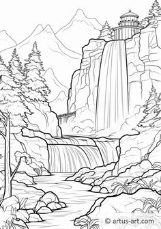 a waterfall with trees and mountains in the background coloring pages for adults to print out