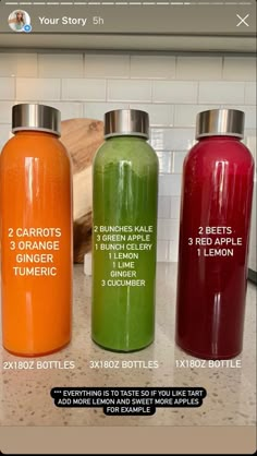 three different types of juice bottles sitting on a counter next to each other with the same label