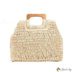 Bird in Bag - Wooden handbag handle straw bag lightweight handbag large capacity woven seaside vacation beach bag Beach Season Bag With Braided Double Handles, Beach Season Bags With Braided Double Handles, Rectangular Beach Shoulder Bag With Handles, Casual Beach Shoulder Bag With Top Handle, Casual Top Handle Shoulder Bag For Beach, Natural Handheld Bag For Beach Season, Beach Shoulder Bag With Top Carry Handle, Eco-friendly Straw Bag For Shopping With Top Carry Handle, Beige Beach Bag With Top Carry Handle