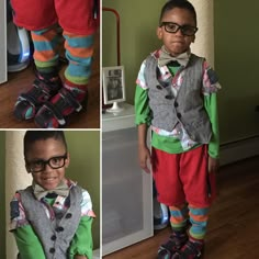 three pictures of a young boy wearing glasses and a vest with colorful stripes on it