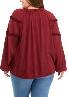 Ruffles detail the billowy blouson sleeves on this boho-inspired peasant shirt from Wonderly. | Wonderly Women's Plus Size Ruffle Sleeve Peasant Shirt, Red, 3X Fall Bohemian Peasant Top With Lantern Sleeves, Peasant Blouse With Lantern Sleeves For Fall, Billowy Bohemian Peasant Top For Fall, Bohemian Billowy Peasant Top For Fall, Fall Bohemian Peasant Top With Blouson Sleeves, Fall Bohemian Peasant Top With Bishop Sleeves, Bohemian Ruffle Sleeve Tops For Fall, Bohemian Ruffled Peasant Top For Fall, Fall Peasant Top With Ruffles