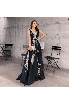 Formal Long Black With Embroidery Elegant Evening Dress With Train Formal V-neck Evening Dress With Floral Embroidery, Embroidered V-neck Maxi Dress For Evening, Black V-neck Gown For Banquet, V-neck Evening Dress With Floral Embroidery For Prom, V-neck Floral Embroidered Evening Dress For Prom, Floral Embroidered V-neck Evening Dress For Prom, Floral Embroidered V-neck Prom Evening Dress, Floral Embroidery Evening Dress For Prom, Elegant Gown With Floral Embroidery For Prom Season