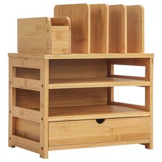 a wooden shelf with two drawers on it