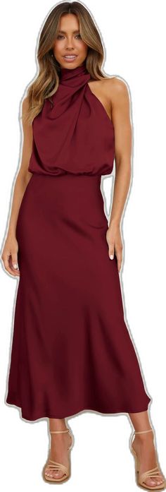 Elegant Sleeveless Solid Color Maxi Dress, Elegant Sleeveless Solid Maxi Dress, Elegant High Neck Satin Dress, Elegant Satin High Neck Dress, Elegant Satin Dress With High Neck, Elegant Sleeveless Solid Color Dress, Solid Color Satin Midi Dress With Spaghetti Straps, Elegant Halter Dress With Spaghetti Straps, Elegant Plain A-line Maxi Dress