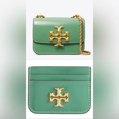 ***Rare Tory Burch Items ***Sold Out Everywhere Color: Patina Against The Clean Lines Of A Box Bag, The Bold Curves Of Sculptural Hardware. Our Eleanor Small Bag Is Made Of Leather With Hand-Painted Edges. A Jewel Of Craftsmanship, Designed To Carry With Ease. Wear The Twisted Rope Chain Over The Shoulder Or Crossbody. * Height: 5.3" (13.5cm); Length: 7.5" (19cm); Depth: 2.8" (7cm) * Patent Leather; Leather Trim * Brass Hardware * Flap With Magnetic Snap Closure * Convertible Rope Chain Shoulder Luxury Shoulder Bag With Card Slots For Gift, Designer Green Bag With Card Slots, Designer Green Bags With Card Slots, Formal Green Bags With Card Slots, Classic Tan Bag With Card Slots, Luxury Green Bags With Card Slots, Luxury Crossbody Shoulder Bag With Card Slots, Luxury Tan Wallet On Chain For Formal Occasions, Formal Tan Rectangular Wallet On Chain