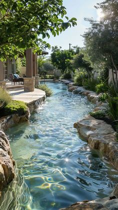 a small stream running through a lush green park