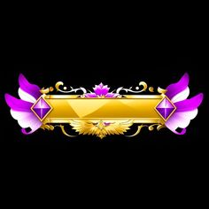 an ornate gold and purple banner with jewels on it's edges, against a black background