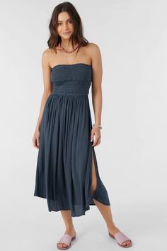 Devyn Midi Midi Dress - Slate | O'Neill Strapless Sundress Midi Dress For Brunch, Strapless Sundress With Smocked Back, Strapless Midi Dress With Smocked Bodice, Strapless Midi Dress With Smocked Back For Summer, Strapless Maxi Dress With Smocked Bodice For Spring, Strapless Sundress With Ruched Bodice, Chic Strapless Midi Dress With Smocked Bodice, Casual Strapless Bandeau Dress With Smocked Back, Smocked Bodice Mid-length Maxi Dress