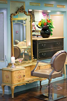 an antique vanity and chair in a room