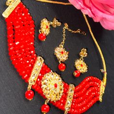 Brand New 4 Pcs Choker, Earrings, Tikka. Gorgeous Red Beaded & Gold Plated Round Shaped Work On. Perfect For Any Occasion & Outfit. Never Got Chance To Wear It. New Are Before. Red Kundan Jewelry Set Gift, Red Kundan Sets For Gift, Red Kundan Party Sets, Red Jewelry Sets For Diwali Gift, Bollywood Style Red Jewelry Set For Diwali, Red Bollywood Sets As Gift, Bollywood Style Red Sets As Gift, Bollywood Style Red Sets Perfect As Gift, Traditional Red Sets For Gifts