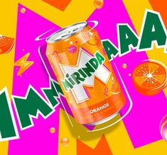 a can of orange soda on top of a pink and yellow background with the word mmmma