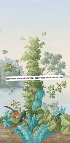 an image of birds in the jungle with water and palm trees behind them, as well as other tropical plants