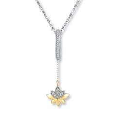 A 10K yellow gold lotus flower dangles from a chain connected to a bar of sterling silver in this attractive necklace for her. Diamonds totaling 1/20 carat in weight provide sparkle to the necklace. The pendant swings from an 18-inch rope chain that secures with a spring ring clasp. Gold Lotus Flower, Dancing Diamond, Lotus Necklace, Lotus Jewelry, Gold Lotus, Pendant Sets, 3d Printed Jewelry, Necklace For Her, Diamond Jewelry Designs