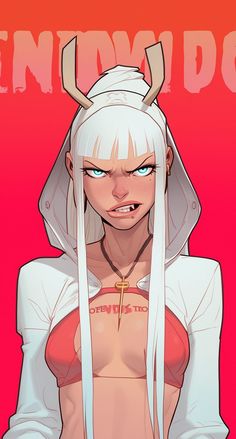 an anime character with long white hair and horns on her head, standing in front of a red background