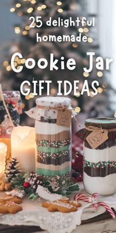 Festive scene of cookie jars with layered ingredients, wrapped with fabric lids. Surrounded by candles, gingerbread cookies, and Christmas decor. Cozy ambiance. Cookies In A Jar Christmas Gift, Cookie Dough Jar Gift, Cookie Jar Cookies Recipes, Cookie Recipe In A Jar Gift, Cookie In Jar Recipe, Cookie Jar Recipe Gift, Cookie Mix In Jars Christmas Gift Ideas, Cookie Mix In A Jar Christmas, Peanut Butter Cookies In A Jar