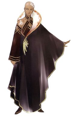 an anime character dressed in black and gold with a large cape on his head, standing