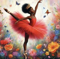 a painting of a ballerina in a red tutu with butterflies flying around her